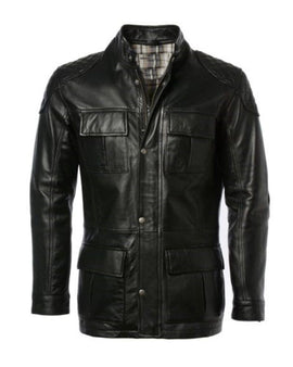 Men's Four Pocket Cafe Racer Long Hip Length Leather Jacket by SCIN