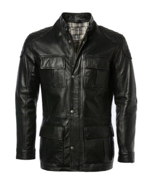 Men's Four Pocket Cafe Racer Long Hip Length Leather Jacket by SCIN