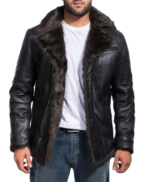 Men's Black Fur Collar Bomber Leather Jacket by SCIN
