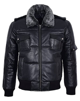 Men's Puffer Black Fur Collar Bomber Jacket by SCIN
